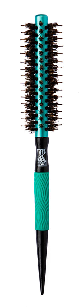 Escova térmica metálica pequena Marco Boni vista vertical com cabo preto e cilindro verde-água