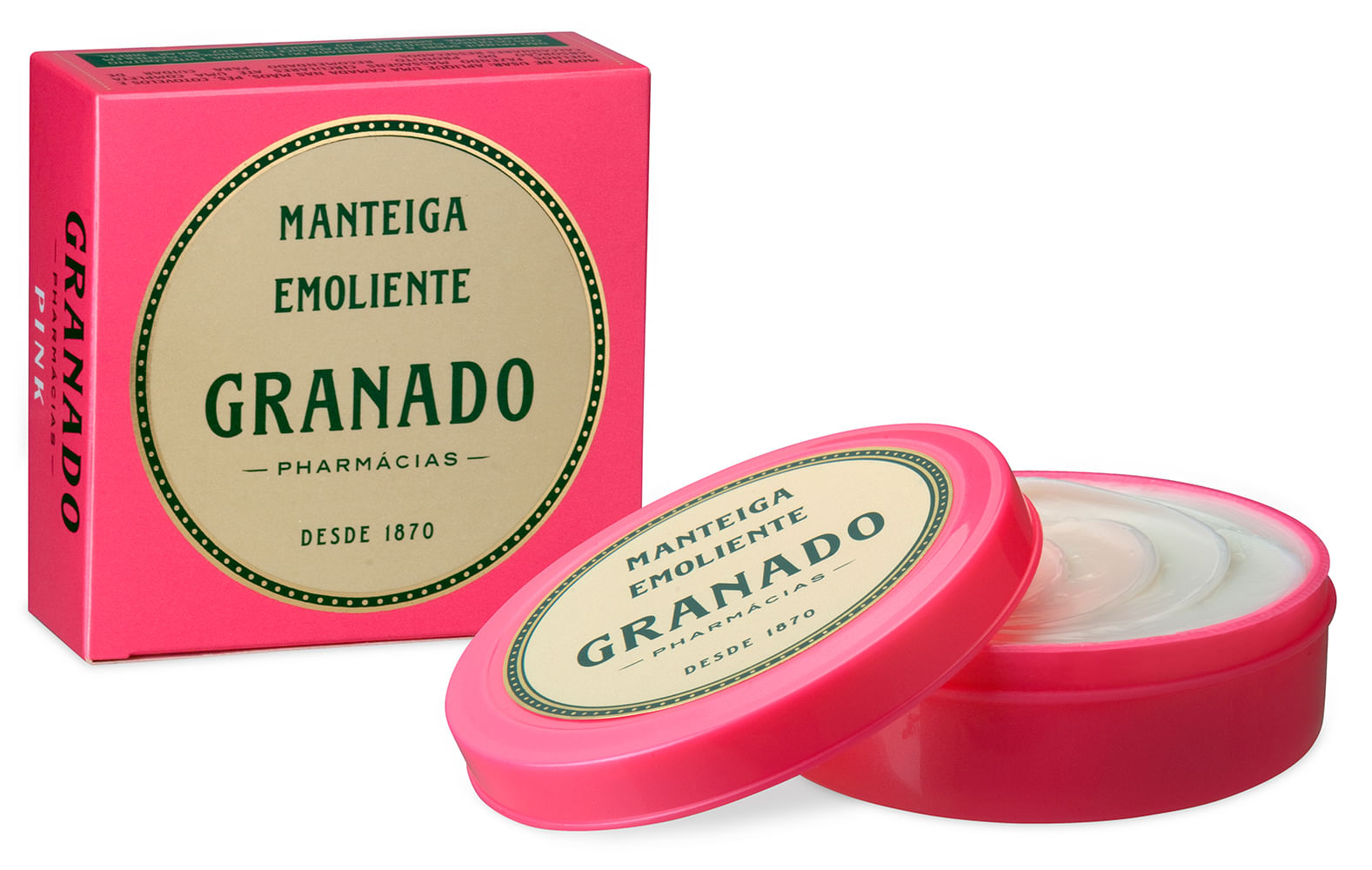Manteiga Emoliente Granado Pink pote rosa aberto com caixa ao fundo