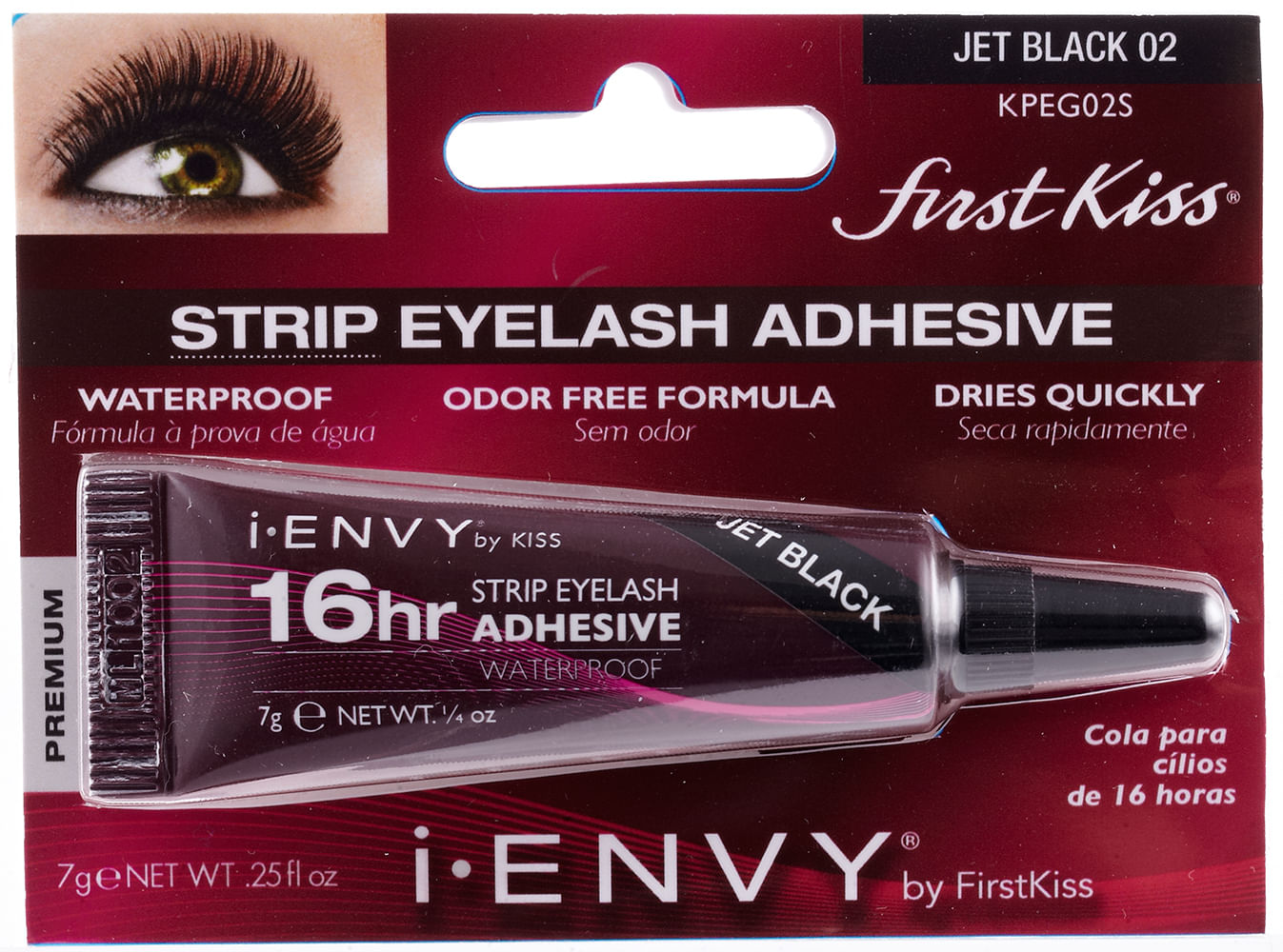 Cola Preta First Kiss iENVY by Kiss 16 Horas - embalagem frontal, tubo preto com texto 16hr e Waterproof