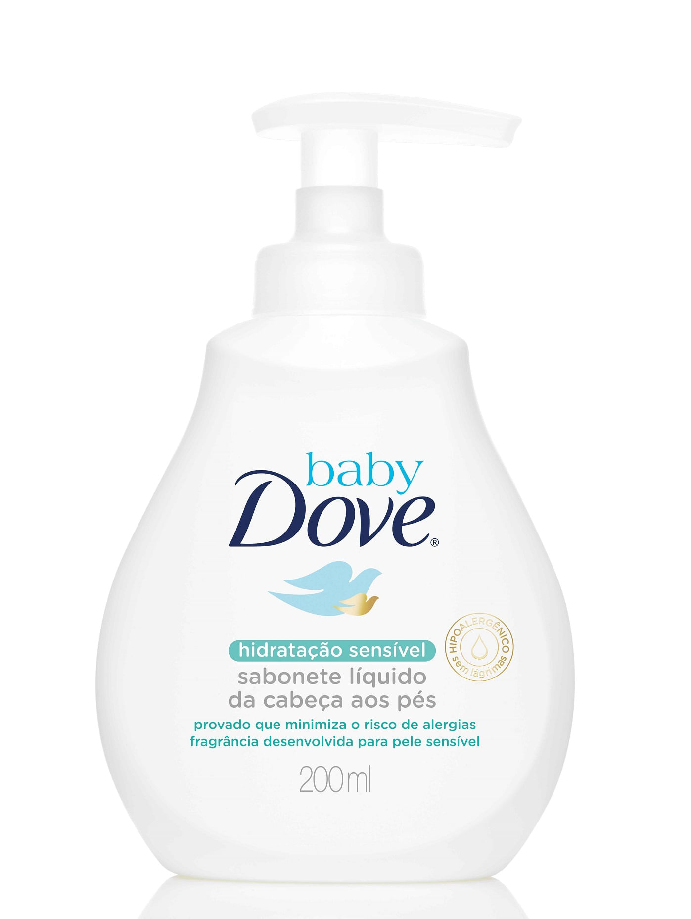 Sabonete Líquido Dove Baby Hidratação Sensível 200ml, frasco branco com pump e detalhes em azul claro