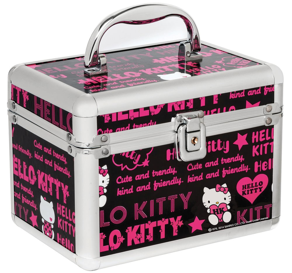 Maleta Ricca quadrada Hello Kitty preta com detalhes rosa e acabamento metálico