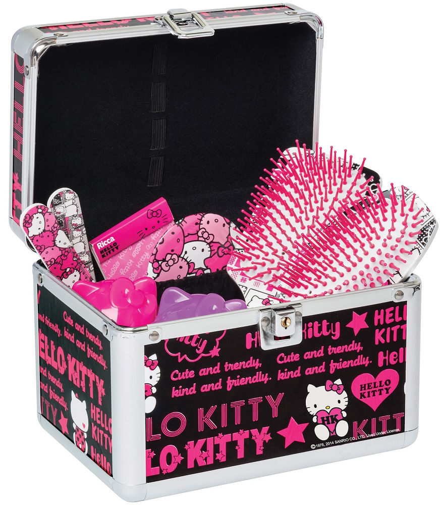 Maleta Ricca Hello Kitty aberta mostrando interior forrado e organização interna