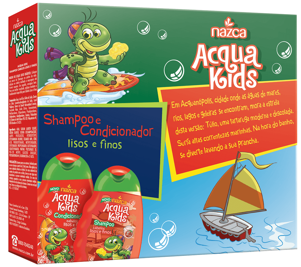 Parte traseira da embalagem Acqua Kids com informações do produto e ilustração