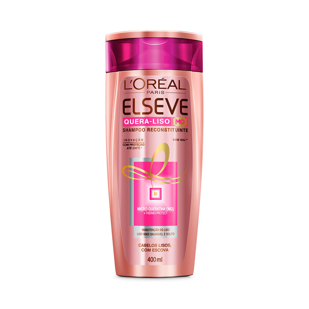 Shampoo Elseve Quera Liso Microqueratina 400ml em fundo branco