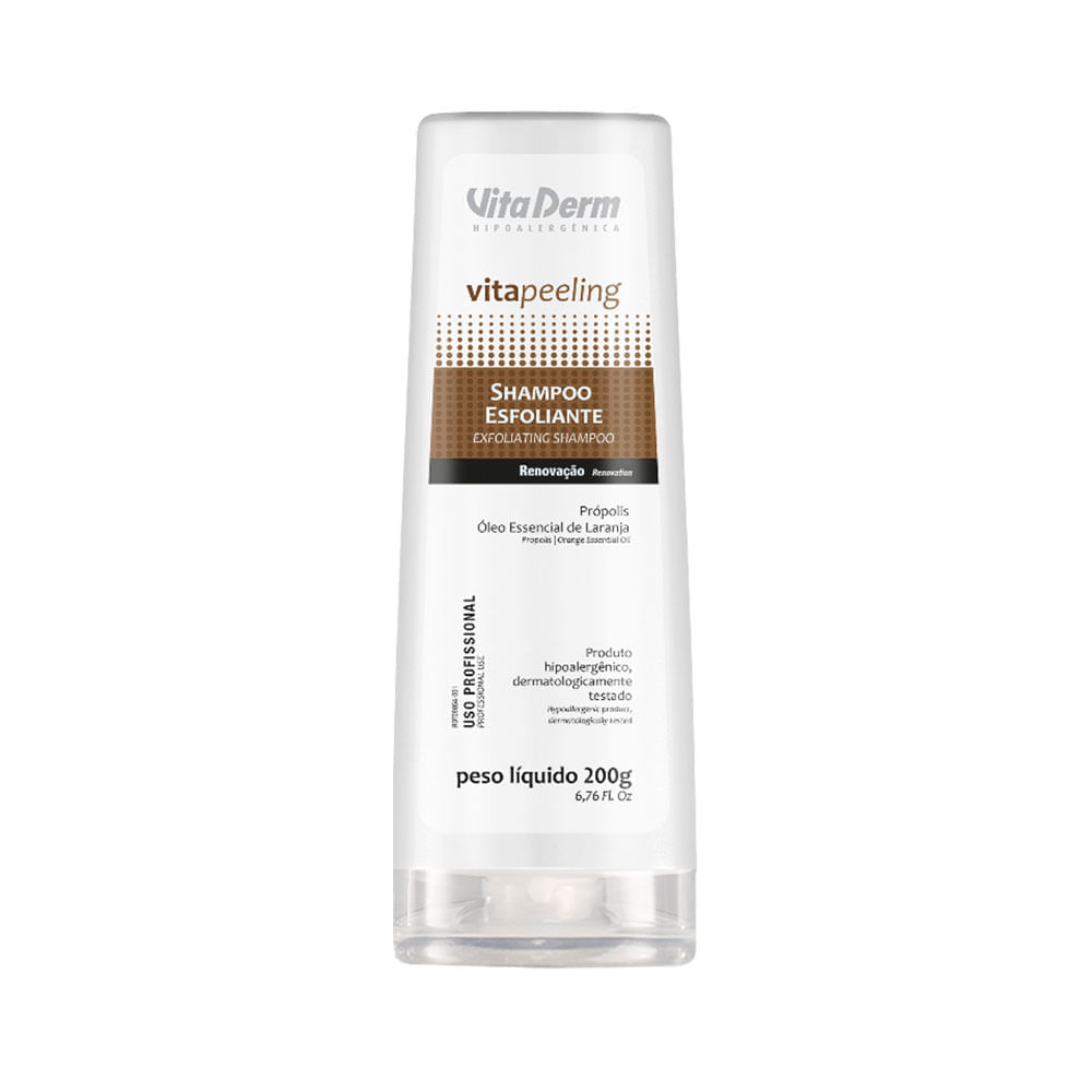 Frasco de shampoo Vita Derm Esfoliante 200ml em ângulo frontal