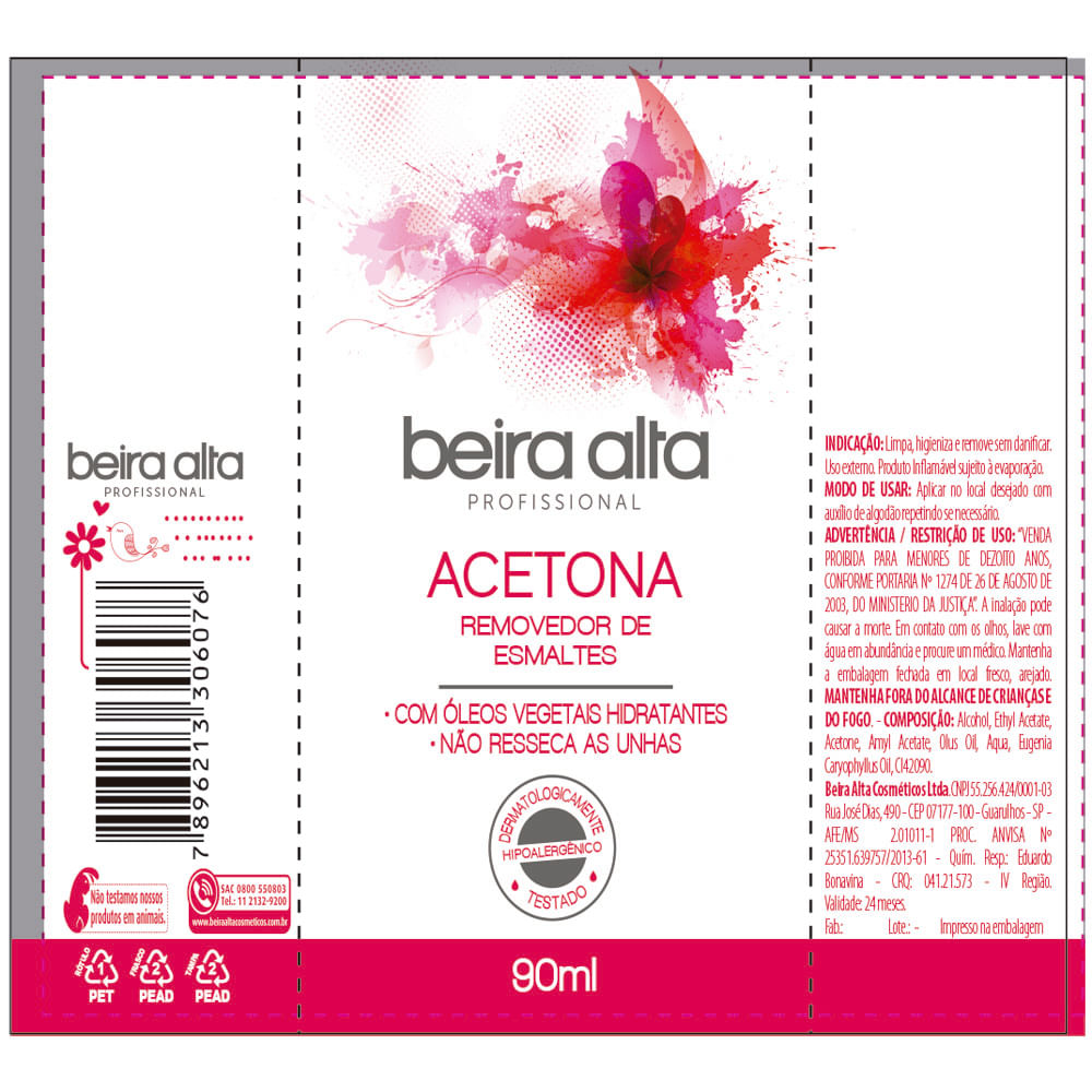 Removedor de Esmalte Beira Alta 90ml embalagem branca e rosa com destaque para 'acetona removedor de esmaltes' e indicação de óleos vegetais hidratantes