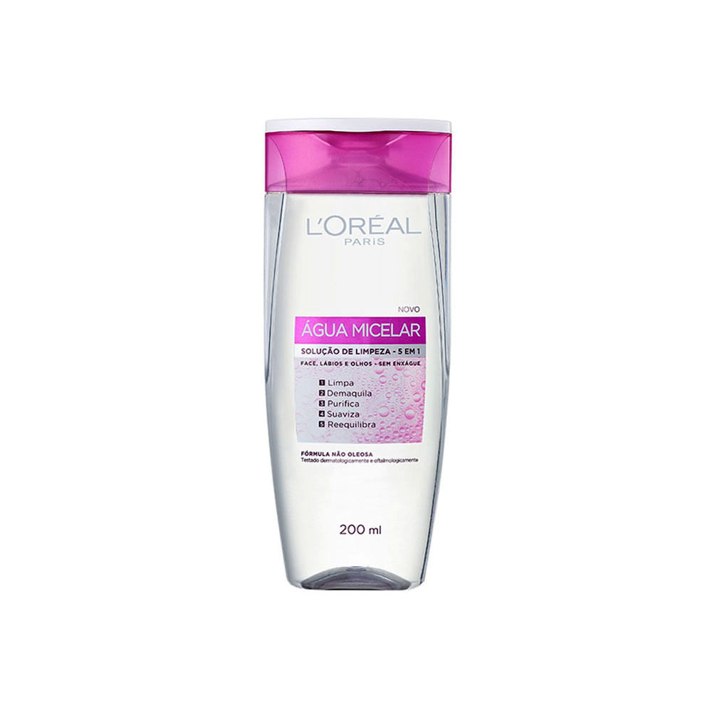 Água Micelar L'Oréal Paris 200ml frasco transparente com tampa rosa