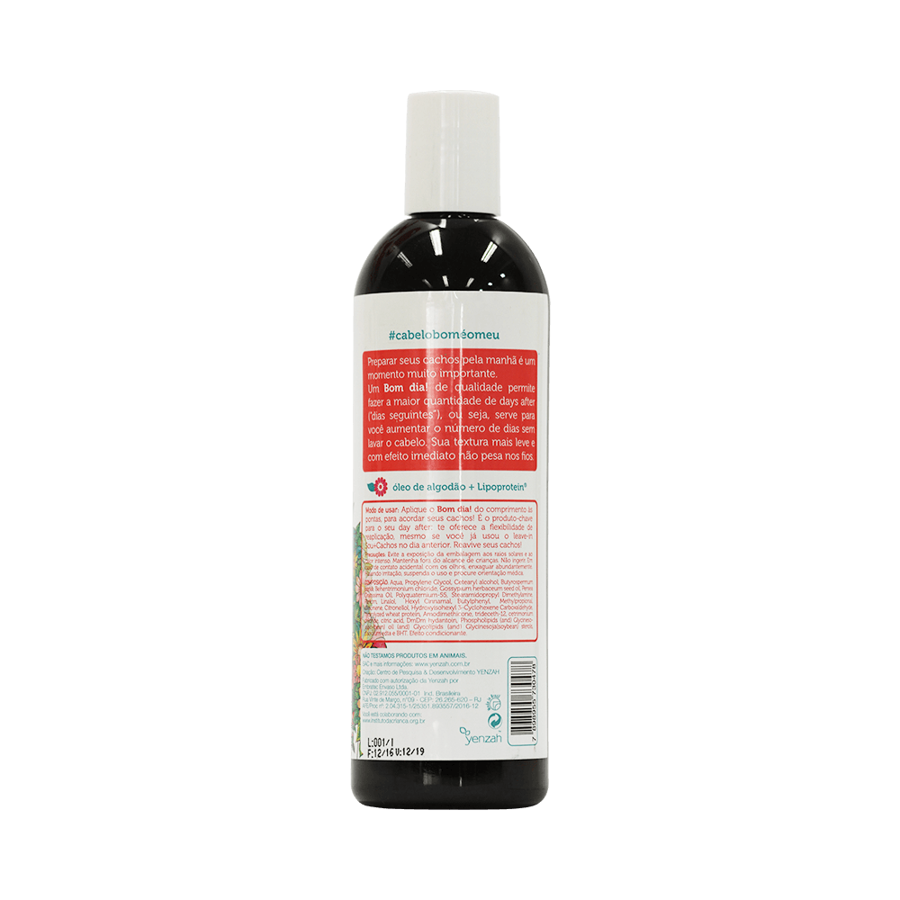 Verso da embalagem com informações e modo de uso do Leave-in Bom dia Yenzah Sou + Cachos 365ml