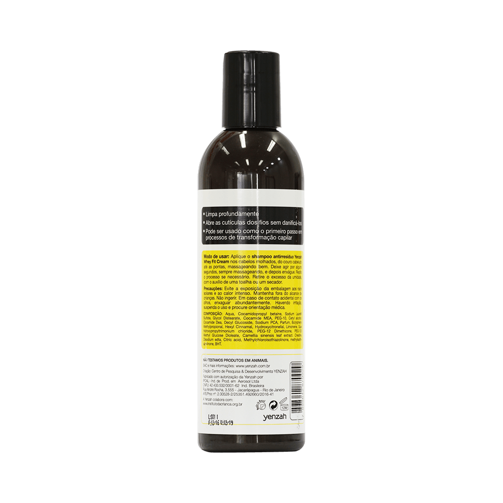 Verso do frasco de Shampoo Yenzah Whey Fit Cream mostrando informações e composição