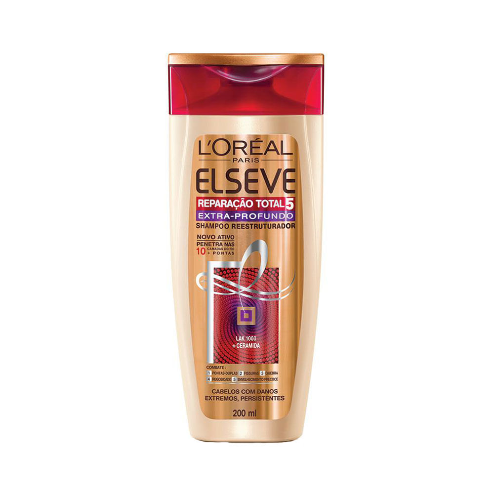 Frasco frontal do Shampoo Elseve Reparação Total 5 Extra Profundo 200ml