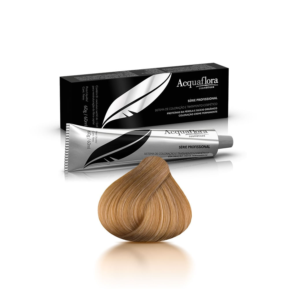 Coloração permanente Acquaflora 8.3 Louro Claro Dourado em embalagem preta com detalhes dourados