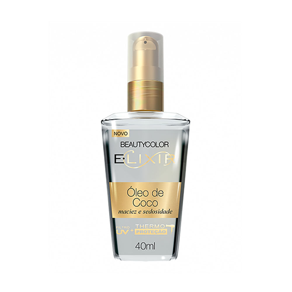Frontal do frasco Elixir Óleo de Coco BeautyColor 40ml com pump e rótulo dourado