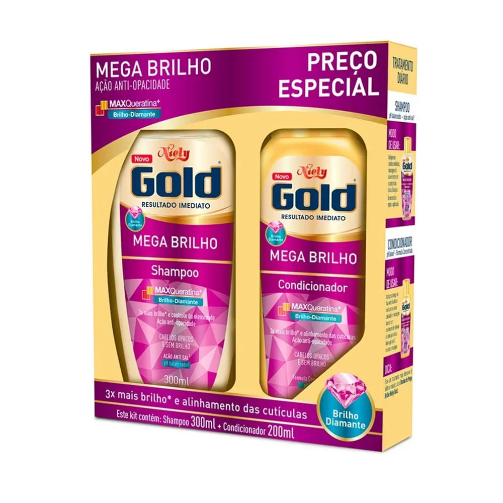 Kit Niely Gold Mega Brilho Shampoo 300ml + Condicionador 200ml - embalagens douradas