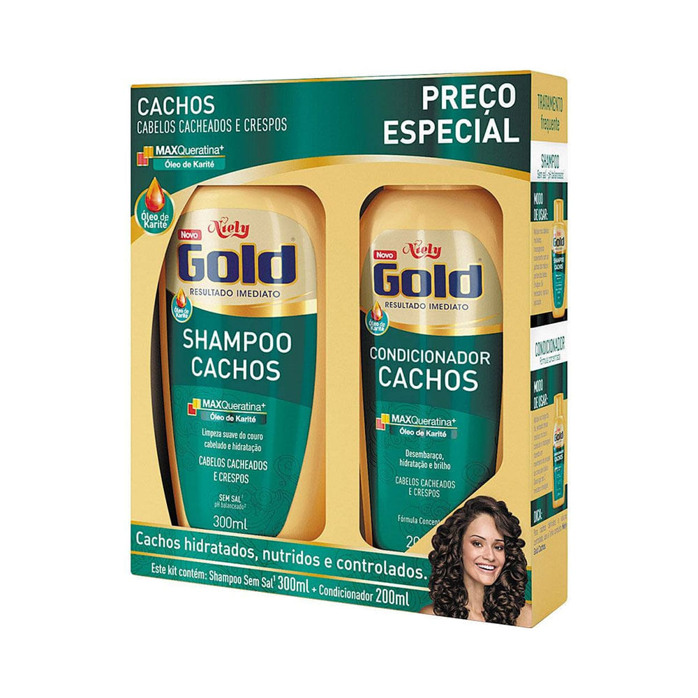 Kit Niely Gold Cachos Shampoo 300ml e Condicionador 200ml para cabelos cacheados