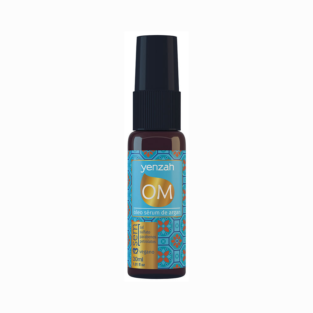 Óleo de Argan Yenzah OM 30ml, frasco âmbar com pump, rótulo azul e dourado