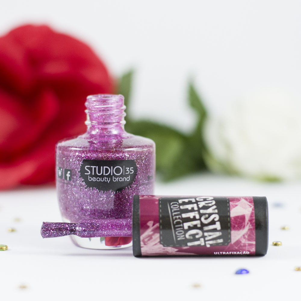 Esmalte Studio 35 Crystal Effect frasco aberto com pincel mostrando textura brilhante