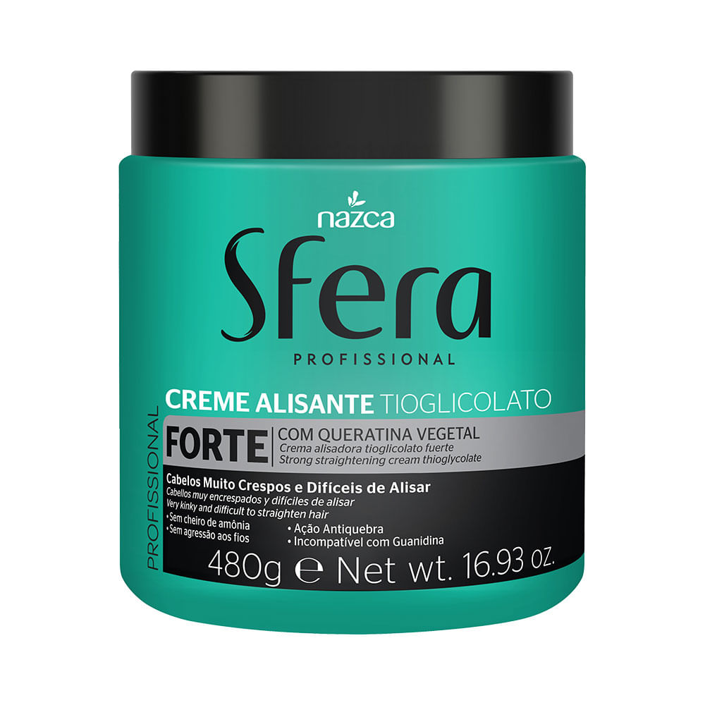 Frontal do pote verde-azulado do Creme Alisante Nazca Sfera Tioglicolato Forte 480g