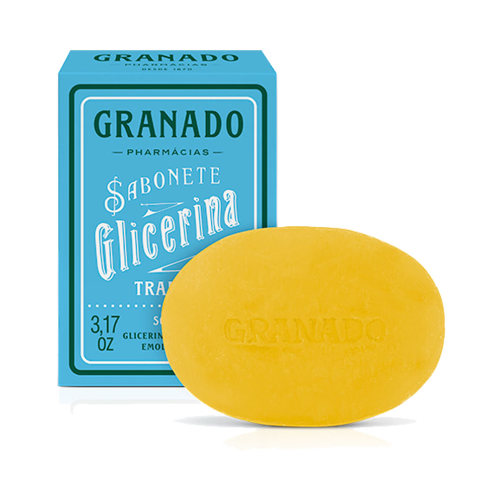 Sabonete Granado glicerina tradicional embalagem azul e sabonete oval amarelo