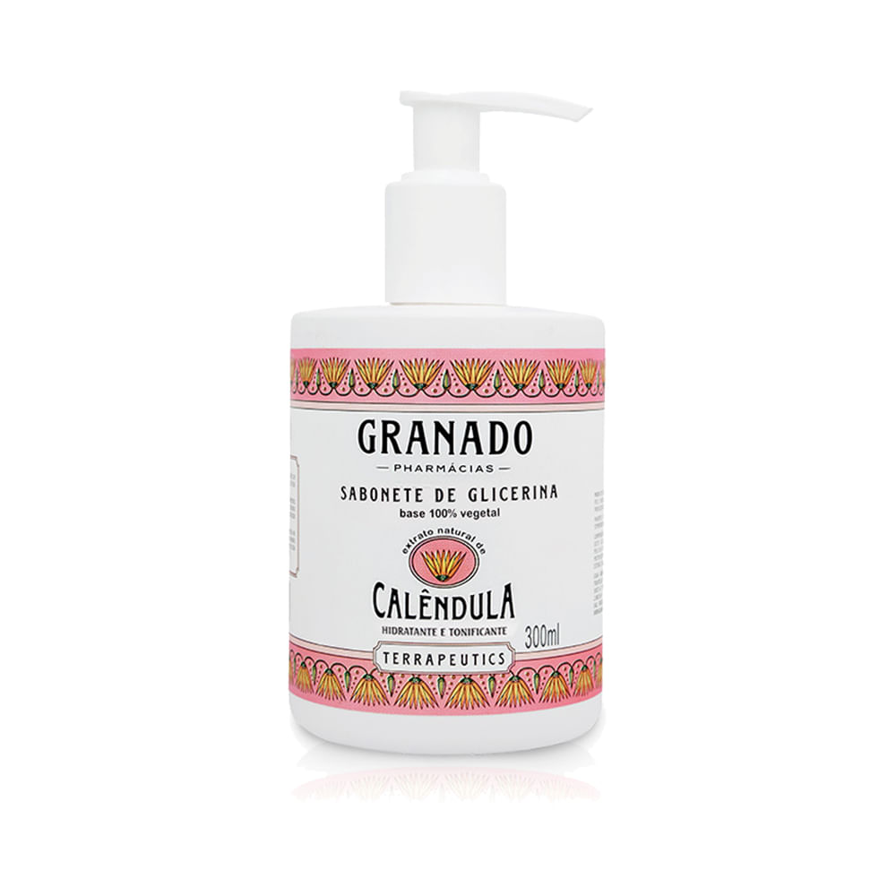 Frasco branco do Sabonete Líquido Granado Calêndula 300ml com pump e rótulo floral
