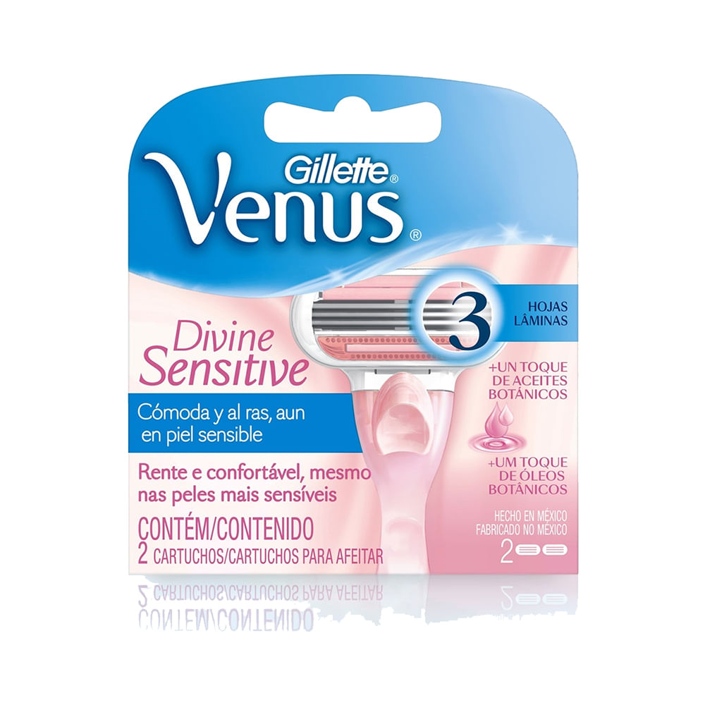 Embalagem frontal Carga Gillette Venus Divine Sensitive 2 unidades com destaque para cartucho rosa e indicação para pele sensível