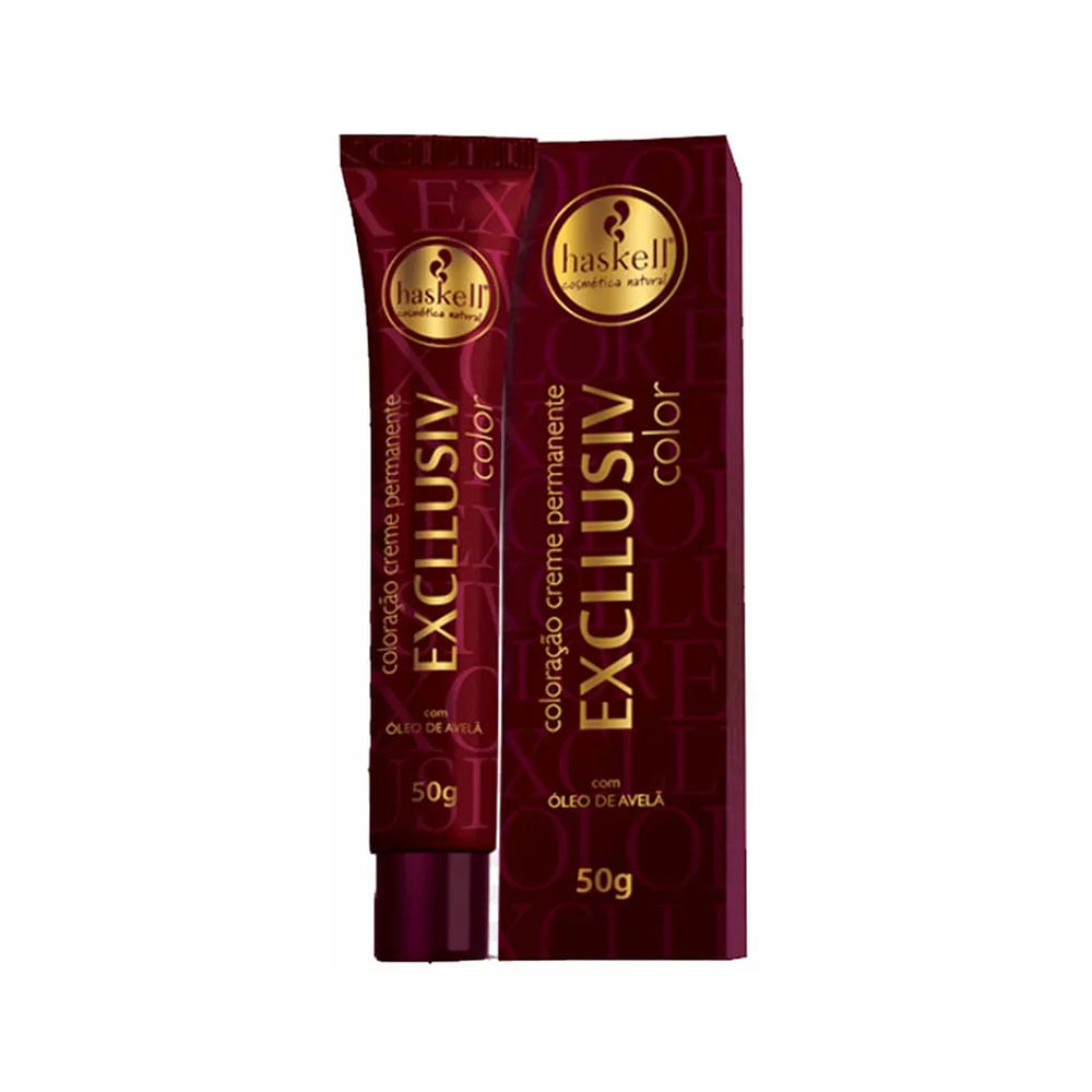 Tubo e caixa da coloração Haskell 7.7 em fundo branco, embalagem bordô com selo dourado