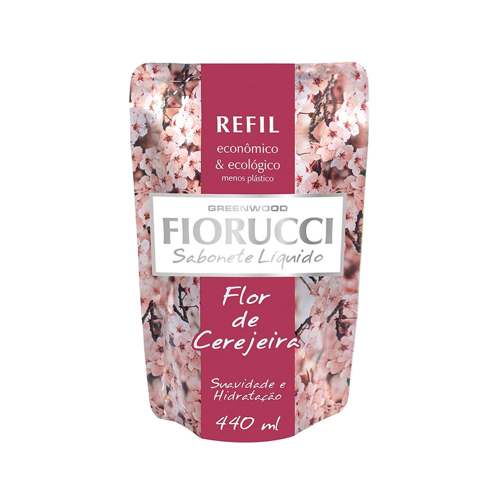 Refil Sabonete Líquido Fiorucci Flor de Cerejeira 440ml - embalagem pouch floral rosa