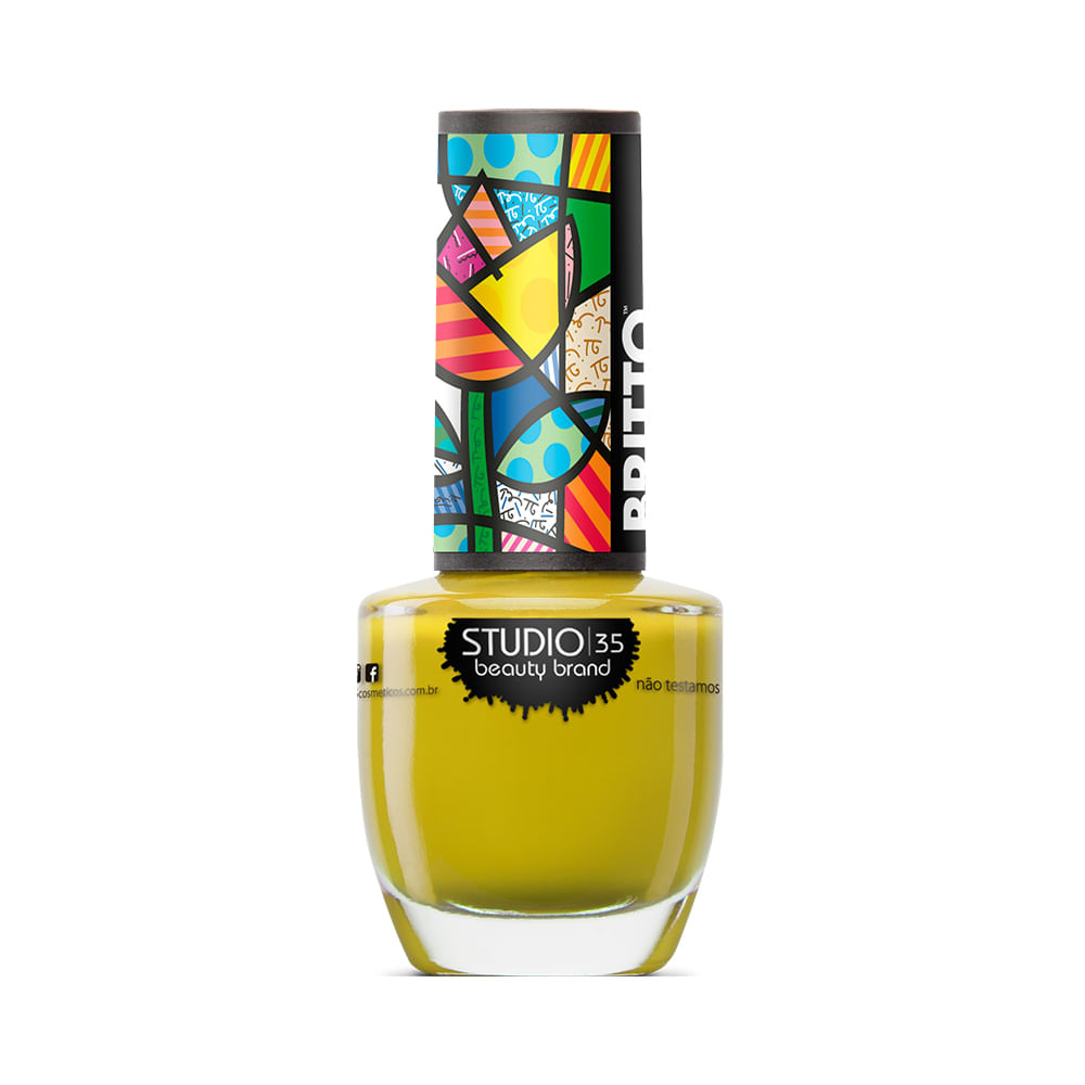 Esmalte Studio 35 Romero Britto TulipaFashion frasco amarelo com tampa decorada