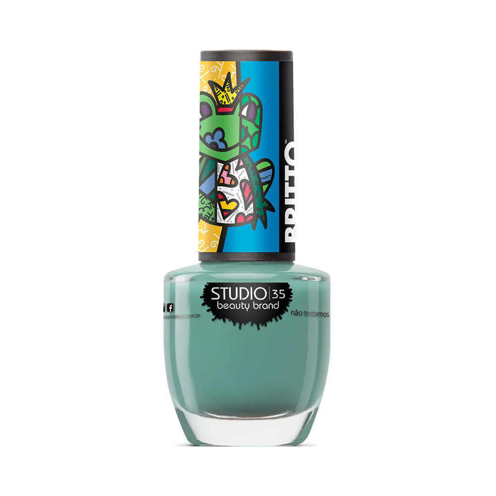 Frasco de esmalte Studio 35 Romero Britto cor BoaSorte em tom verde-azulado