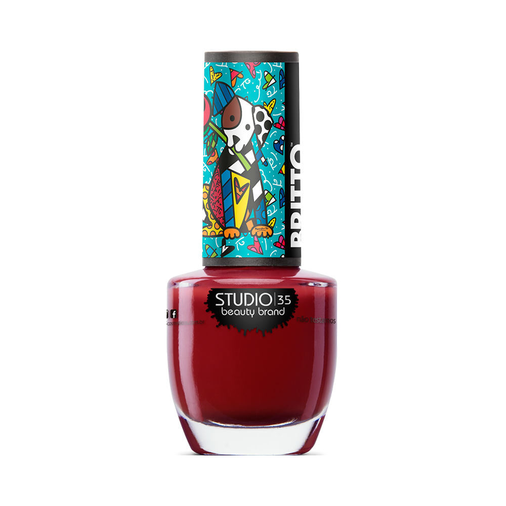 Esmalte Studio 35 Romero Britto Amor Incondicional frasco com tampa artística e tom vermelho intenso