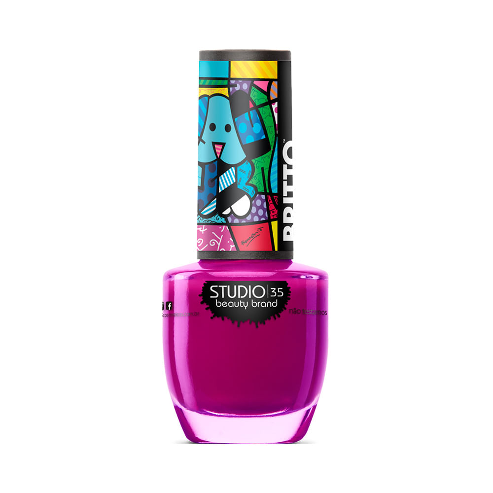 Esmalte Studio 35 Romero Britto #MelhorAmigo em frasco com tampa decorada, cor roxa vibrante