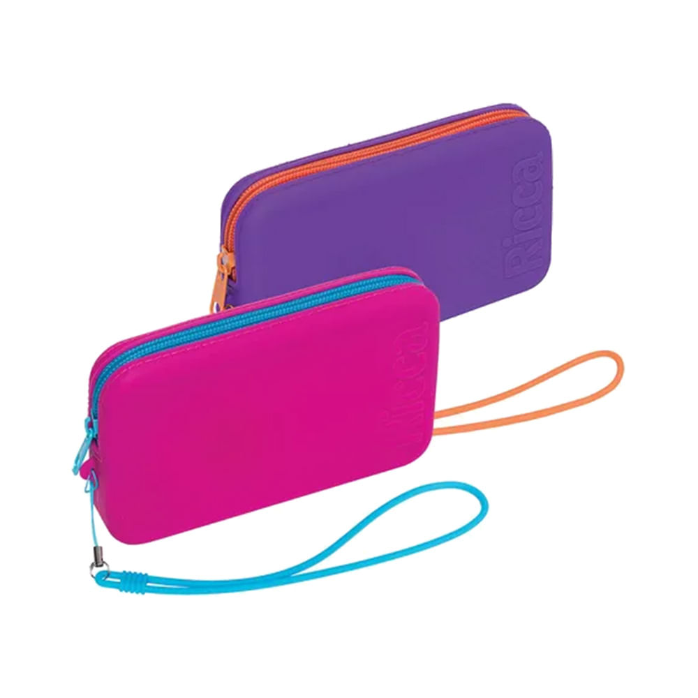 Duas necessaires pequenas de silicone em cores vibrantes com logotipo em relevo