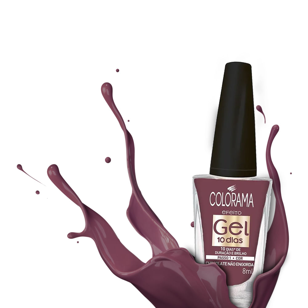 Detalhe do esmalte Colorama Efeito Gel Chocolate Não Engorda com respingos da cor
