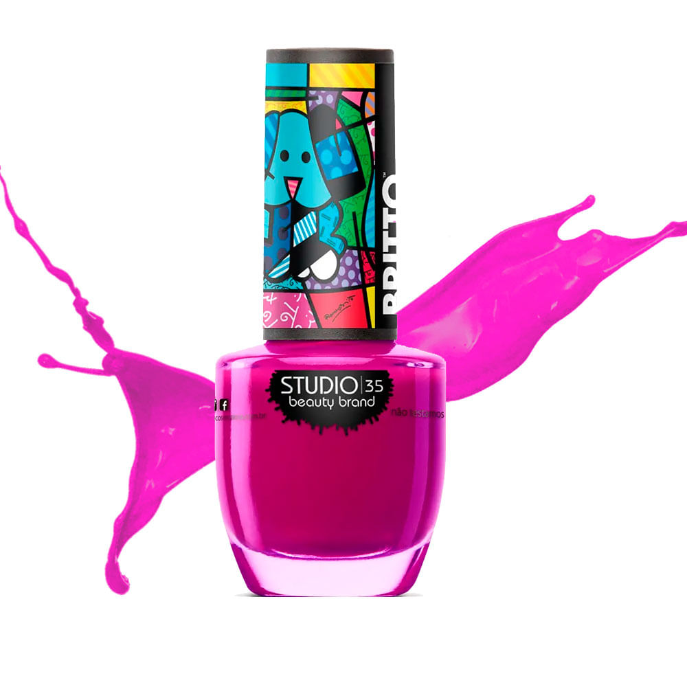 Esmalte Studio 35 Romero Britto #MelhorAmigo mostrado com respingos da mesma cor