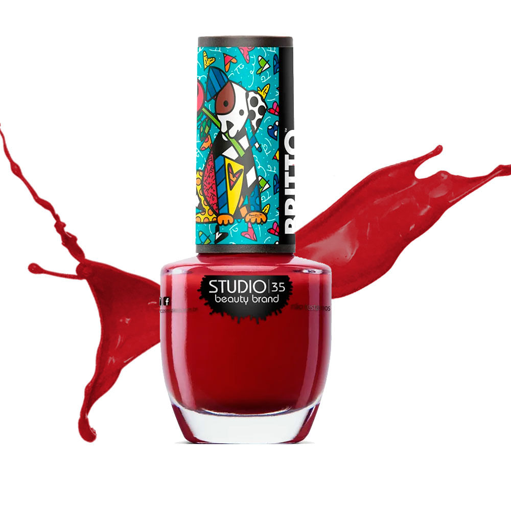 Detalhe do frasco do esmalte Studio 35 com respingos que realçam a cor vermelha vibrante