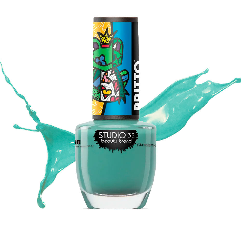 Detalhe do frasco com respingos que evidenciam a cor verde-azulado do esmalte
