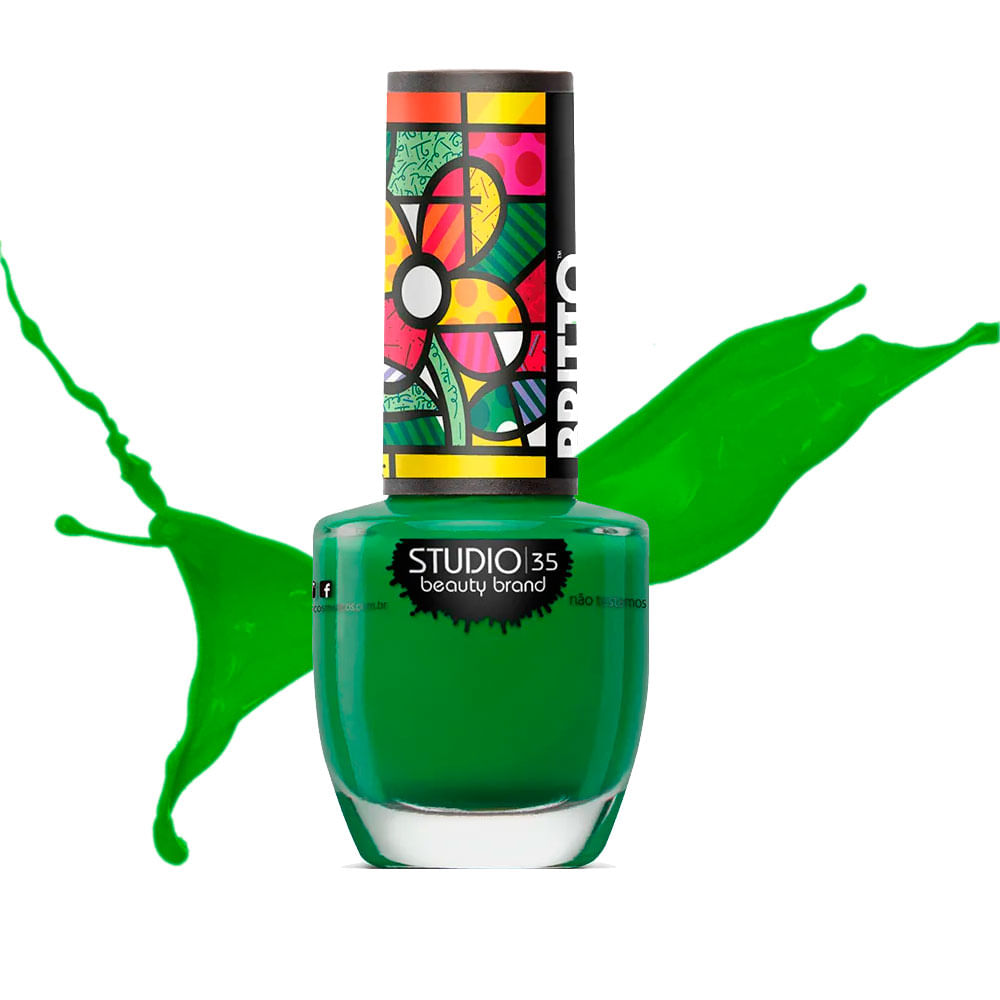 Detalhe do frasco Studio 35 com splash da cor verde e tampa colorida Romero Britto