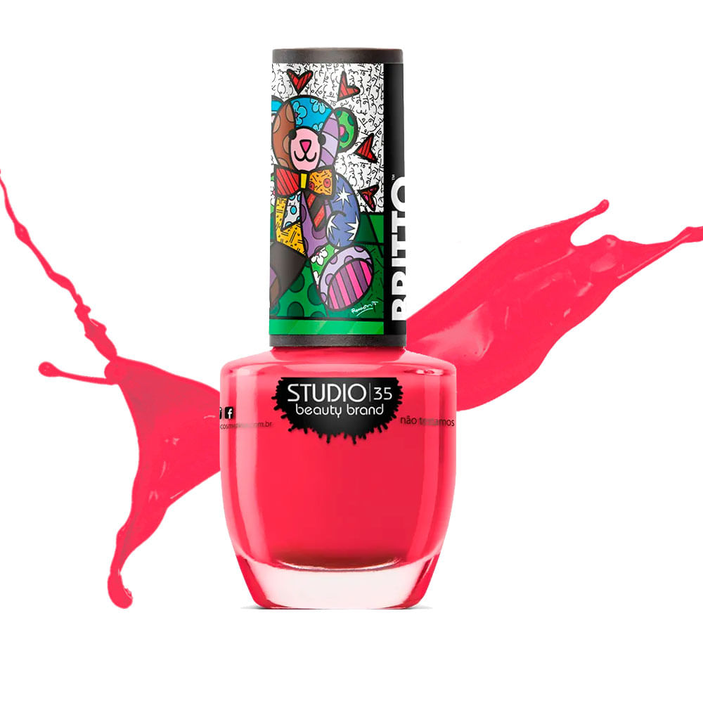 Esmalte Studio 35 Romero Britto #MeuUrsinhoFeliz frasco com tampa decorada e cor rosa vibrante