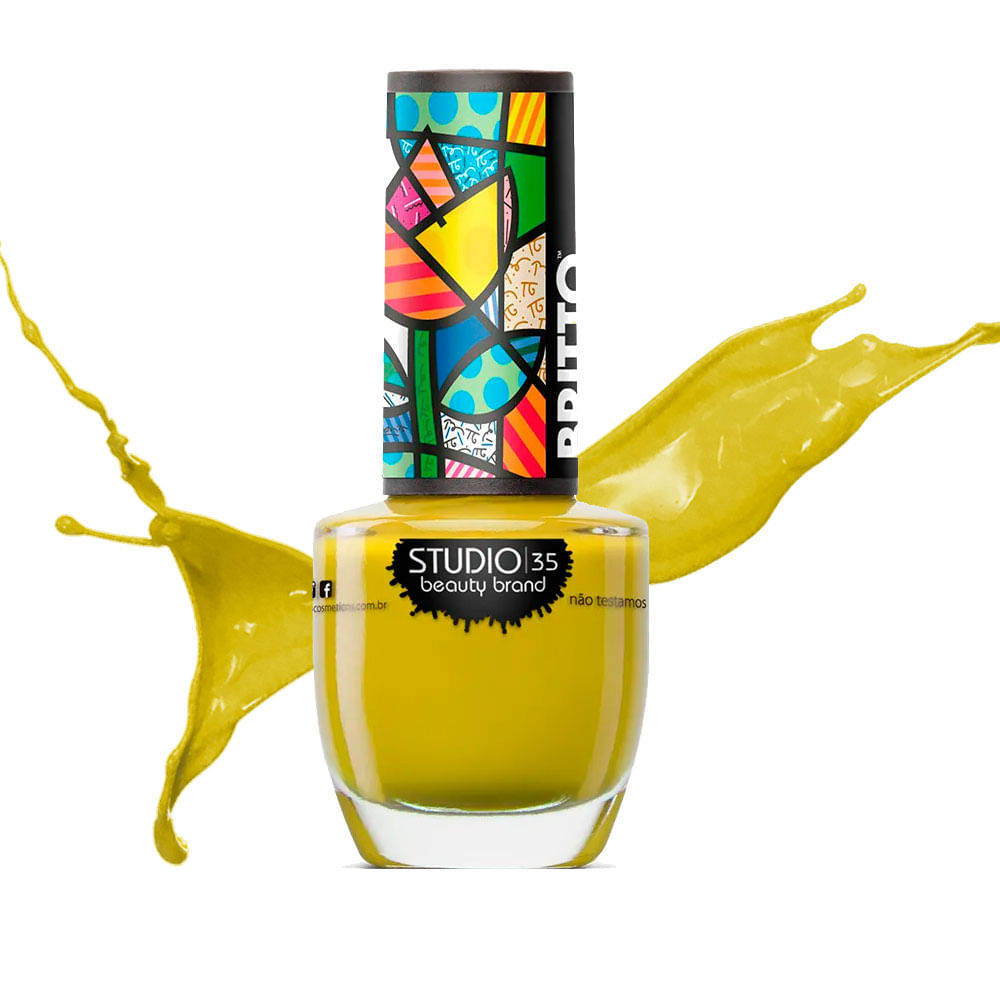Detalhe do frasco e respingos do esmalte amarelo TulipaFashion