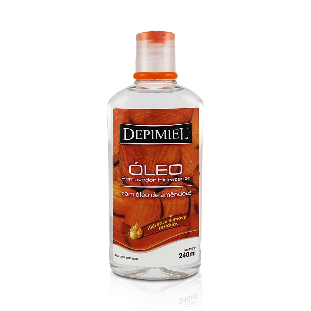 Frente do frasco transparente Depimiel 240ml com rótulo laranja e tampa dosadora
