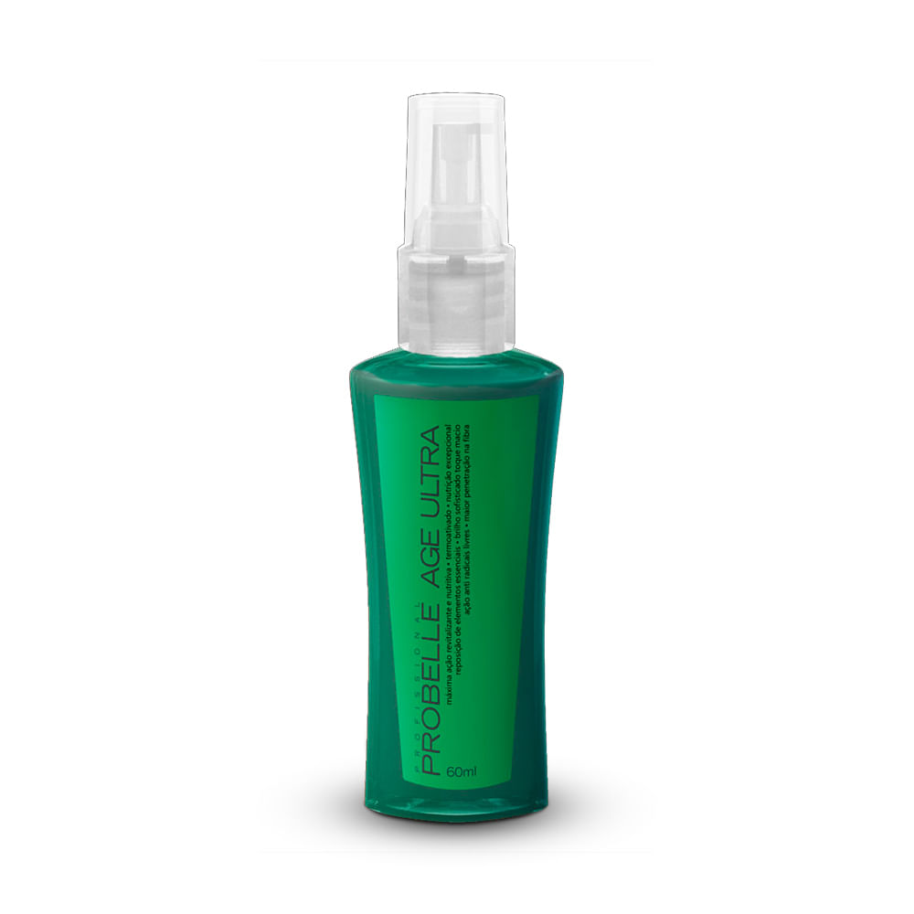 Frasco de 60ml do Soro Corretor Age-Ultra Probelle, plástico verde translúcido com pump branco