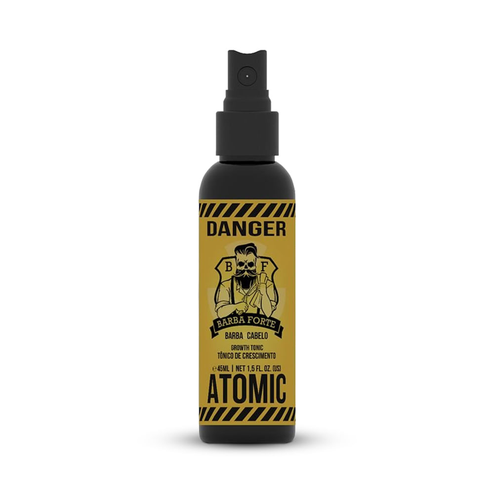Tônico de Crescimento Atomic Danger Barba Forte 45ml - frasco preto com rótulo amarelo