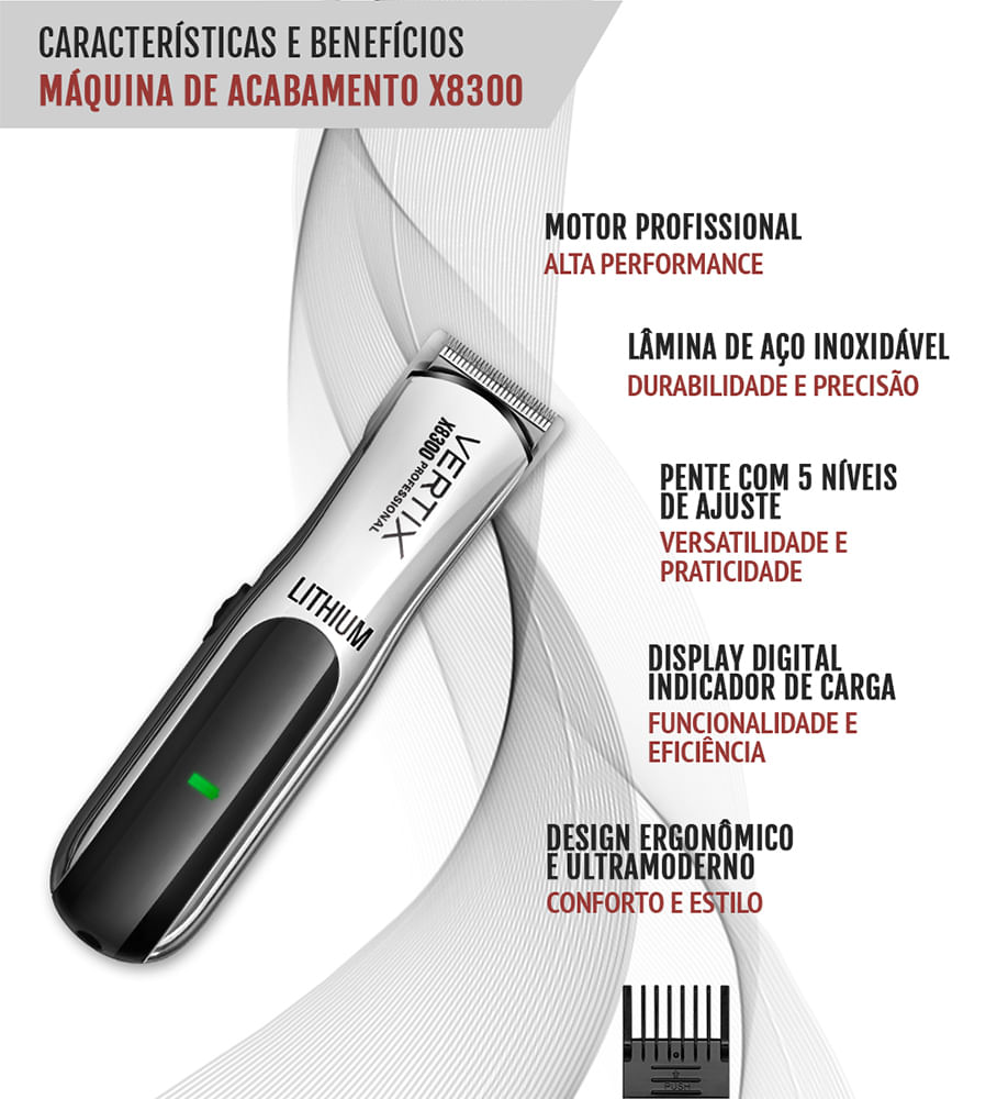 Detalhes técnicos da Máquina de Acabamento X8300 Vertix com destaque para motor, lâmina e display