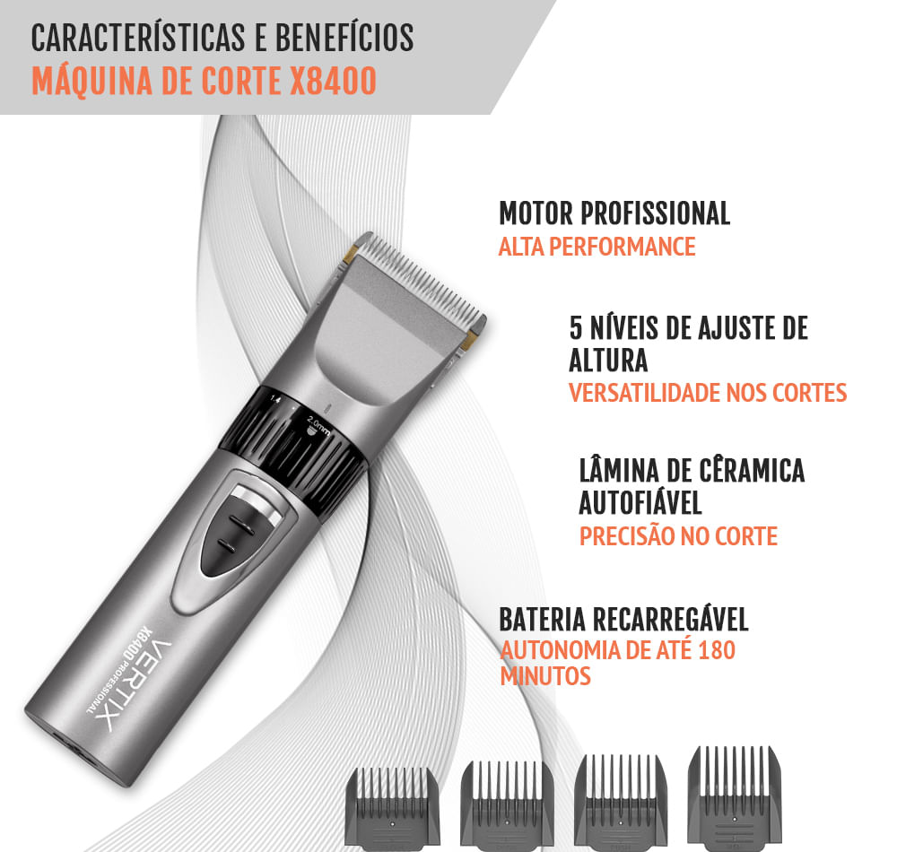 Imagem promocional da Vertix X8400 destacando motor, ajustes e acessórios