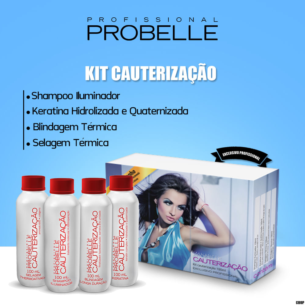 Imagem promocional do Kit Cauterização Probelle com embalagem e frascos
