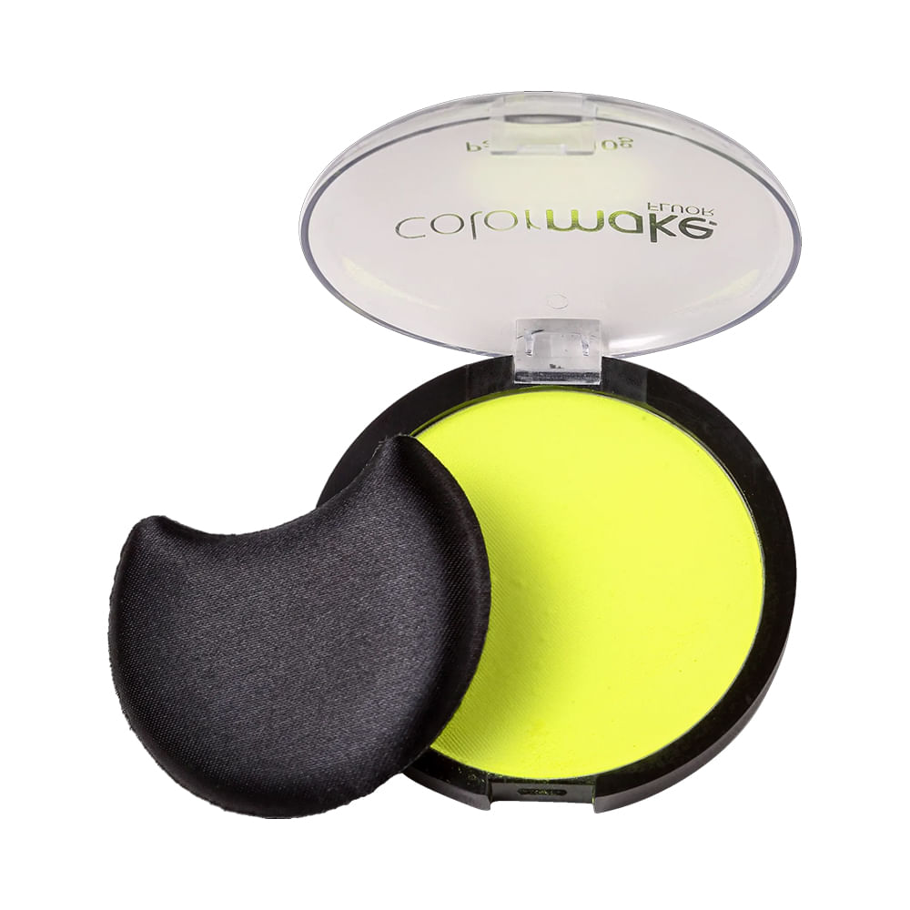 Pancake ColorMake Fluorescente Amarelo 10g aberto com esponja - visual do produto