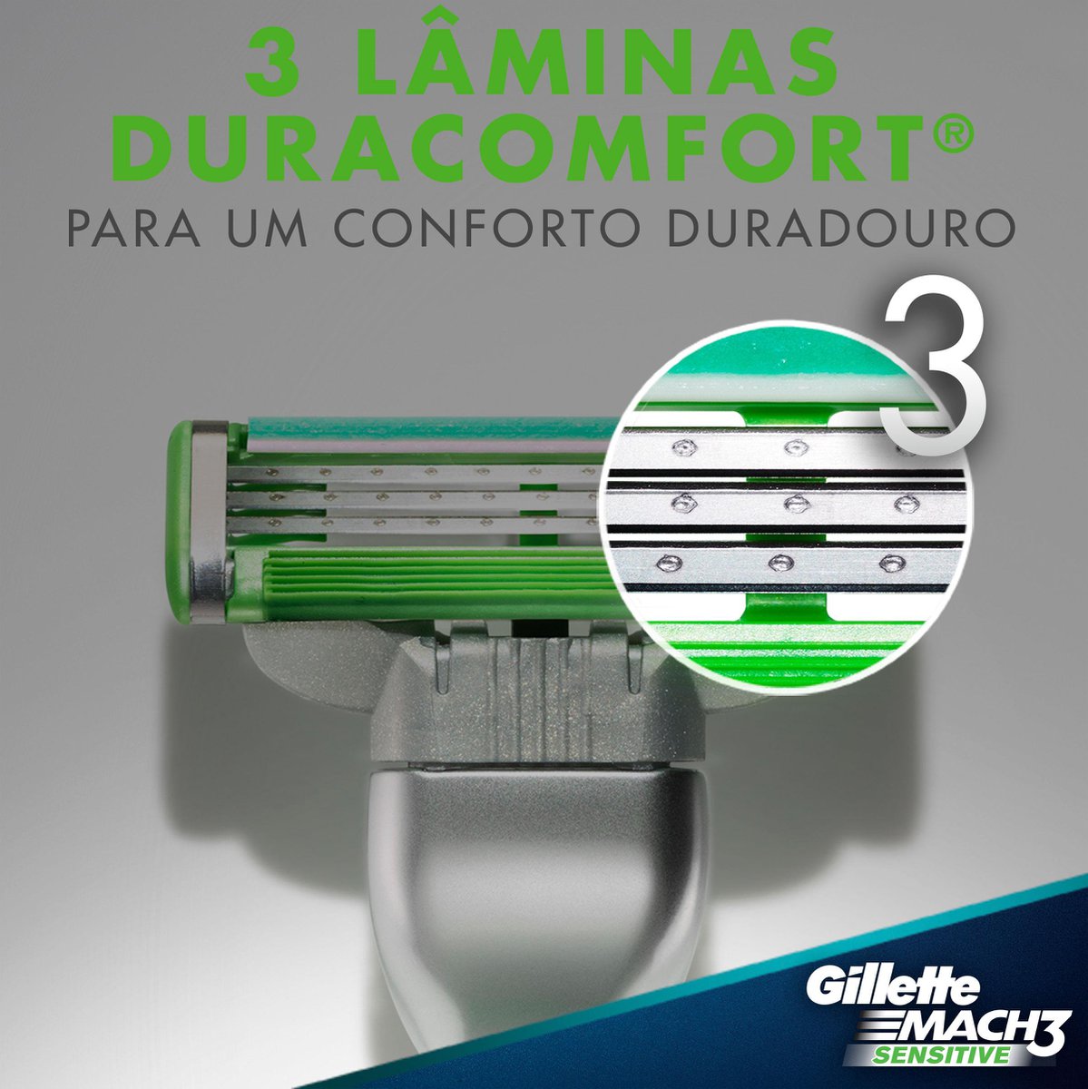 Close no cartucho Mach3 mostrando as 3 lâminas Duracomfort e detalhes verdes