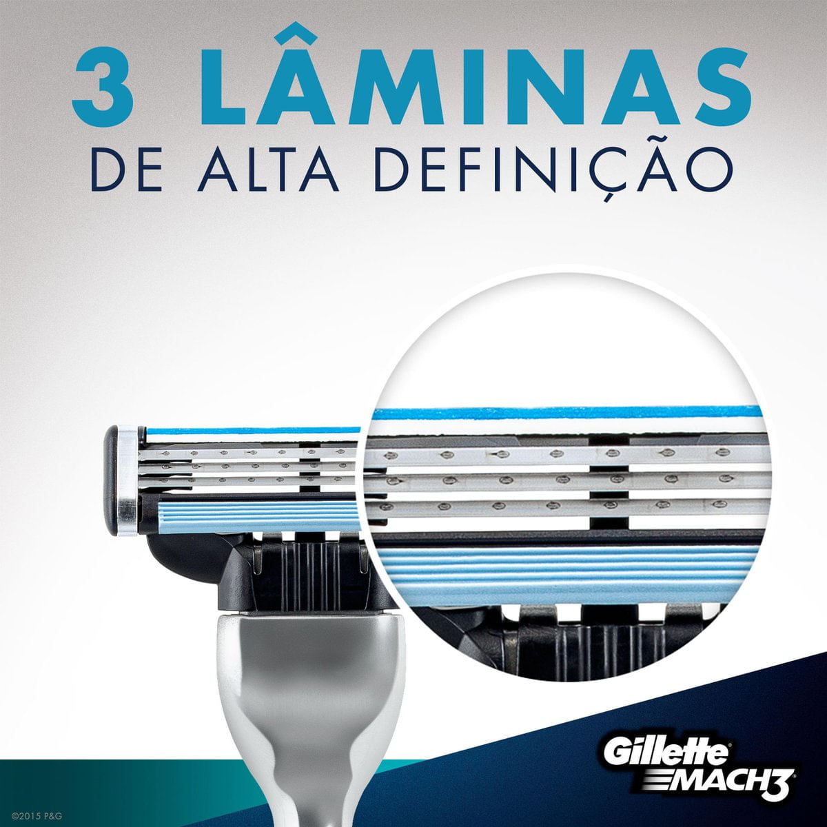 Detalhe das 3 lâminas do cartucho Gillette Mach3 em close