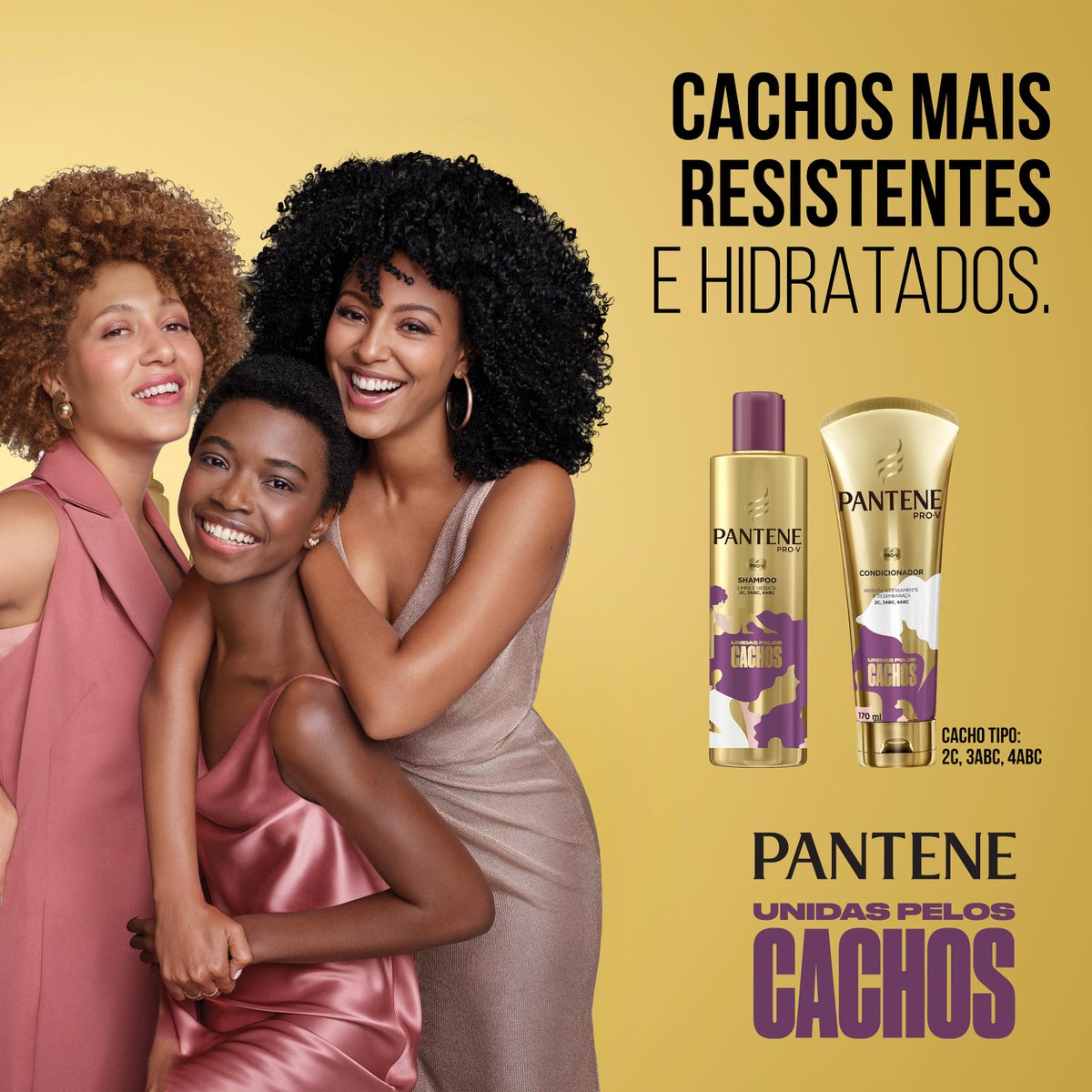 Mulheres com cachos diversos e produtos Pantene Unidas Pelos Cachos