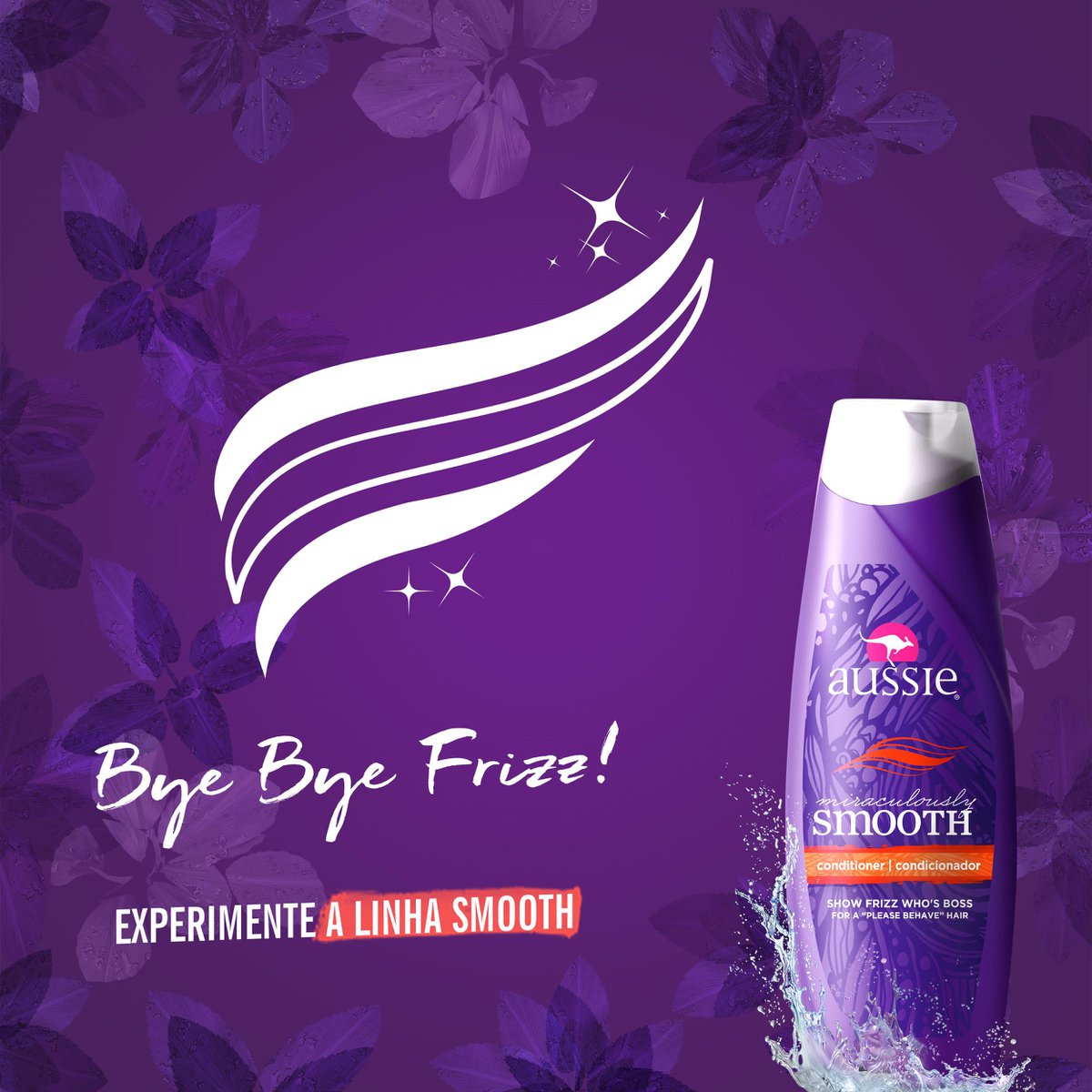 Condicionador Aussie Smooth sobre fundo roxo com efeito aquático