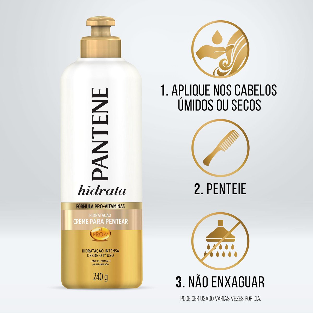 Instruções de uso em ícones: aplique, penteie, não enxágue